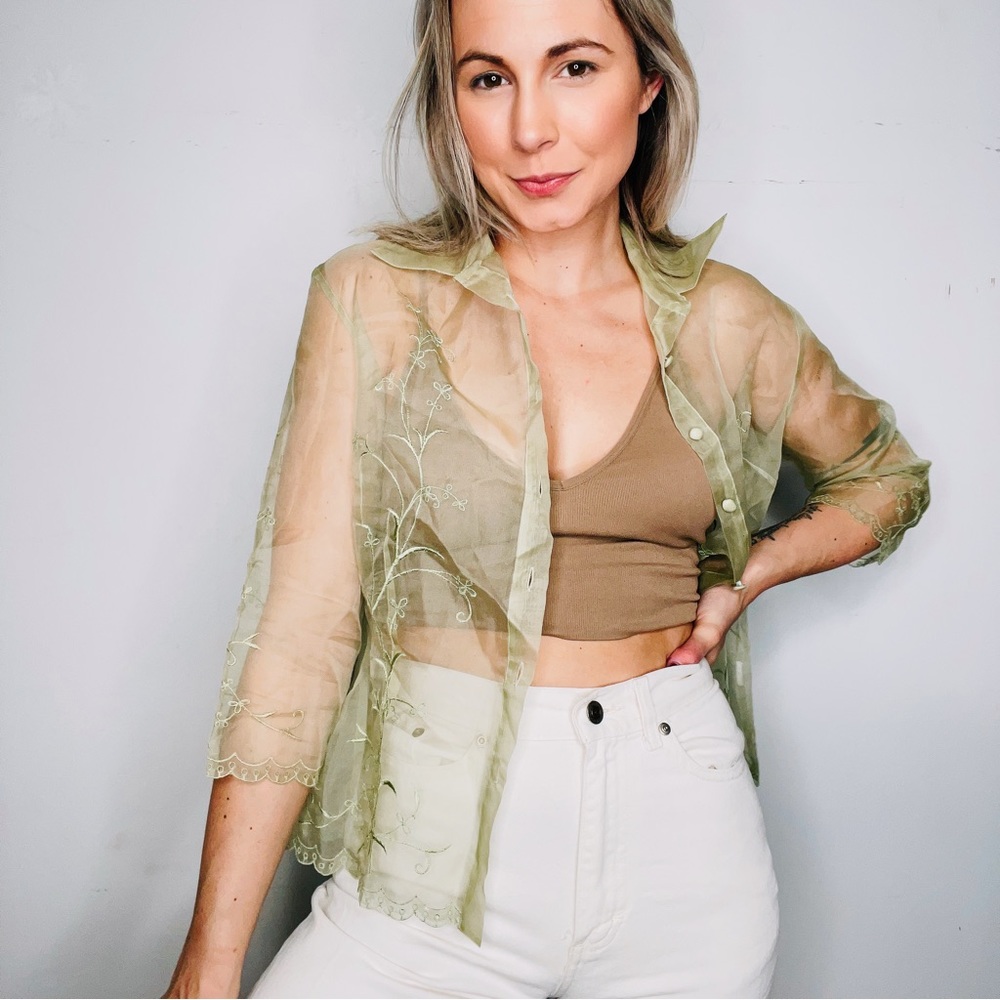VINTAGE | Sheer Floral Embroidered Sage Long Sleeve Button Down Blouse Shirt Top